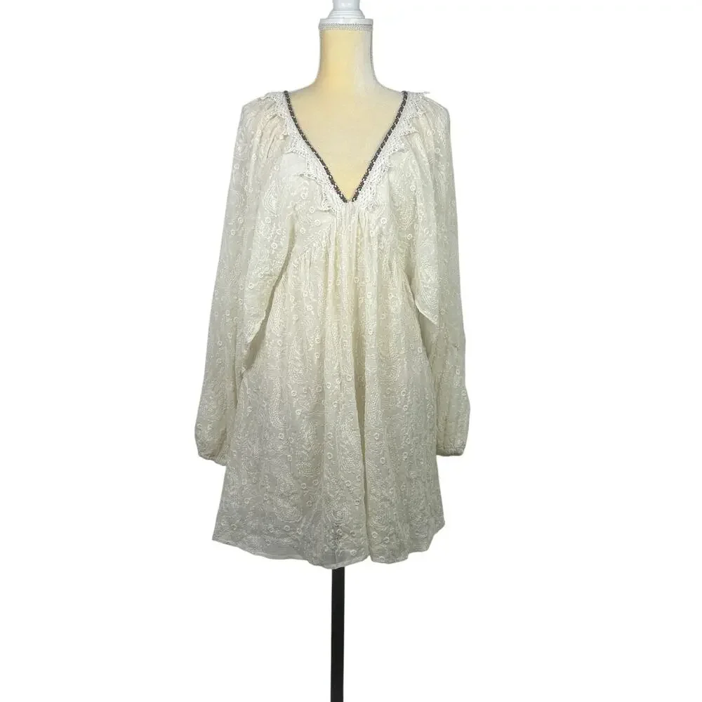Free People Circle Of Love Embroidered MIni Dress V Neck Lace Up Back Size 12 - Picture 1 of 13